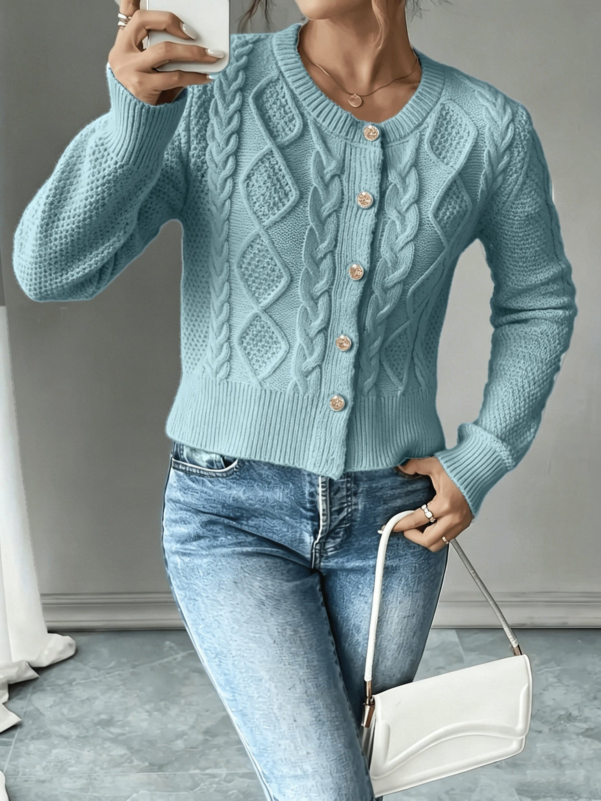 Leora cable knit crew neck cardigan with gold-tone buttons - view 17