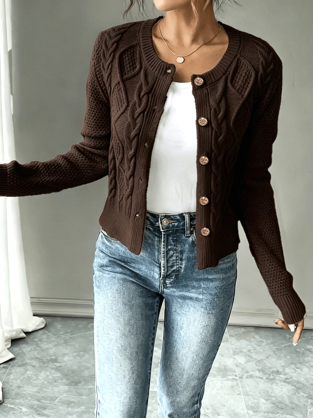 Leora cable knit crew neck cardigan with gold-tone buttons - view 19