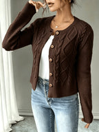 Leora cable knit crew neck cardigan with gold-tone buttons - view 20