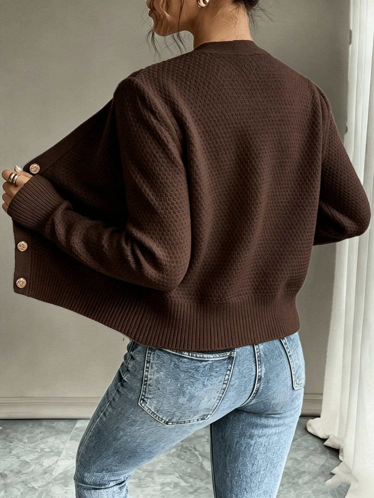 Leora cable knit crew neck cardigan with gold-tone buttons - view 21