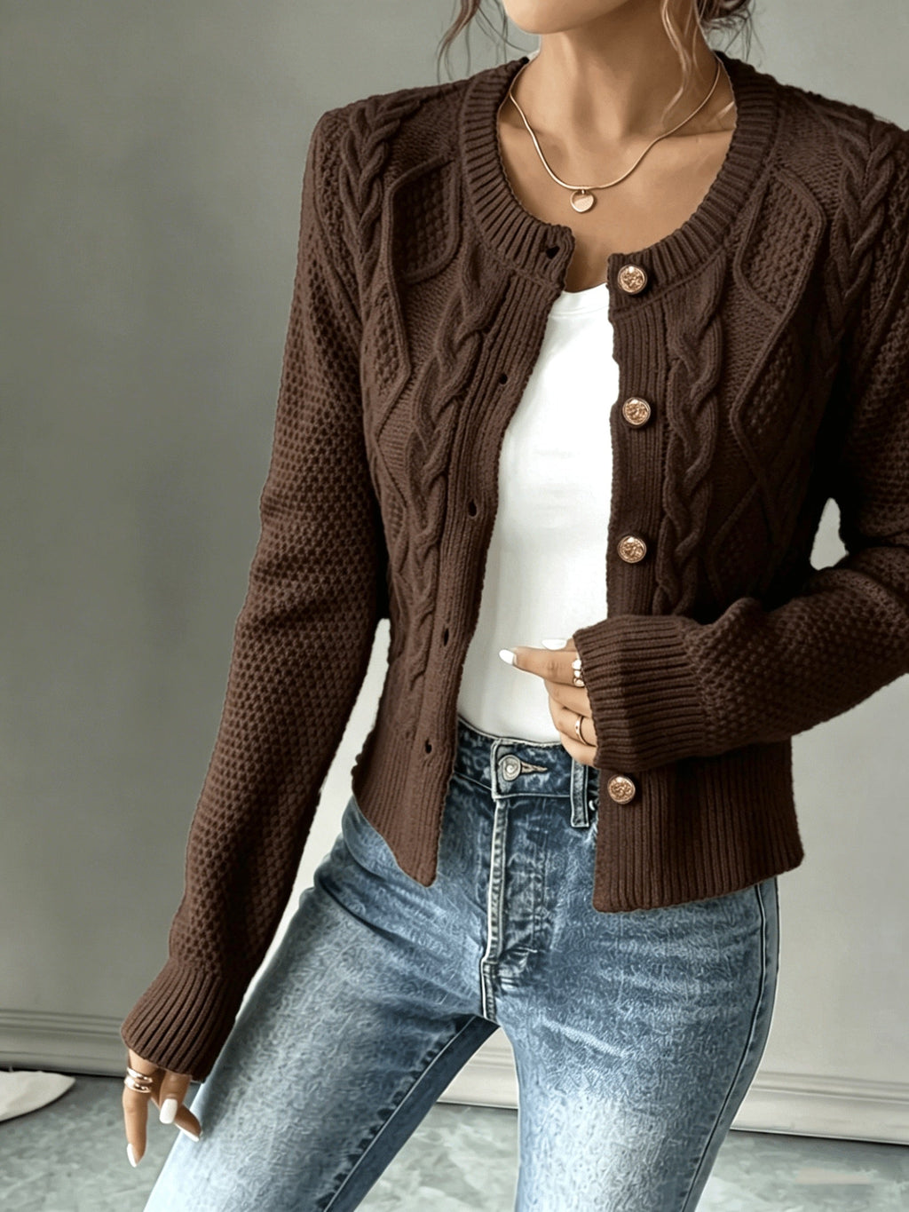 Leora cable knit crew neck cardigan with gold-tone buttons - view 22