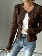 Leora cable knit crew neck cardigan with gold-tone buttons - view 22