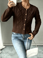 Leora cable knit crew neck cardigan with gold-tone buttons - view 23