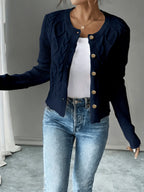 Leora cable knit crew neck cardigan with gold-tone buttons - view 25