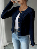 Leora cable knit crew neck cardigan with gold-tone buttons - view 27