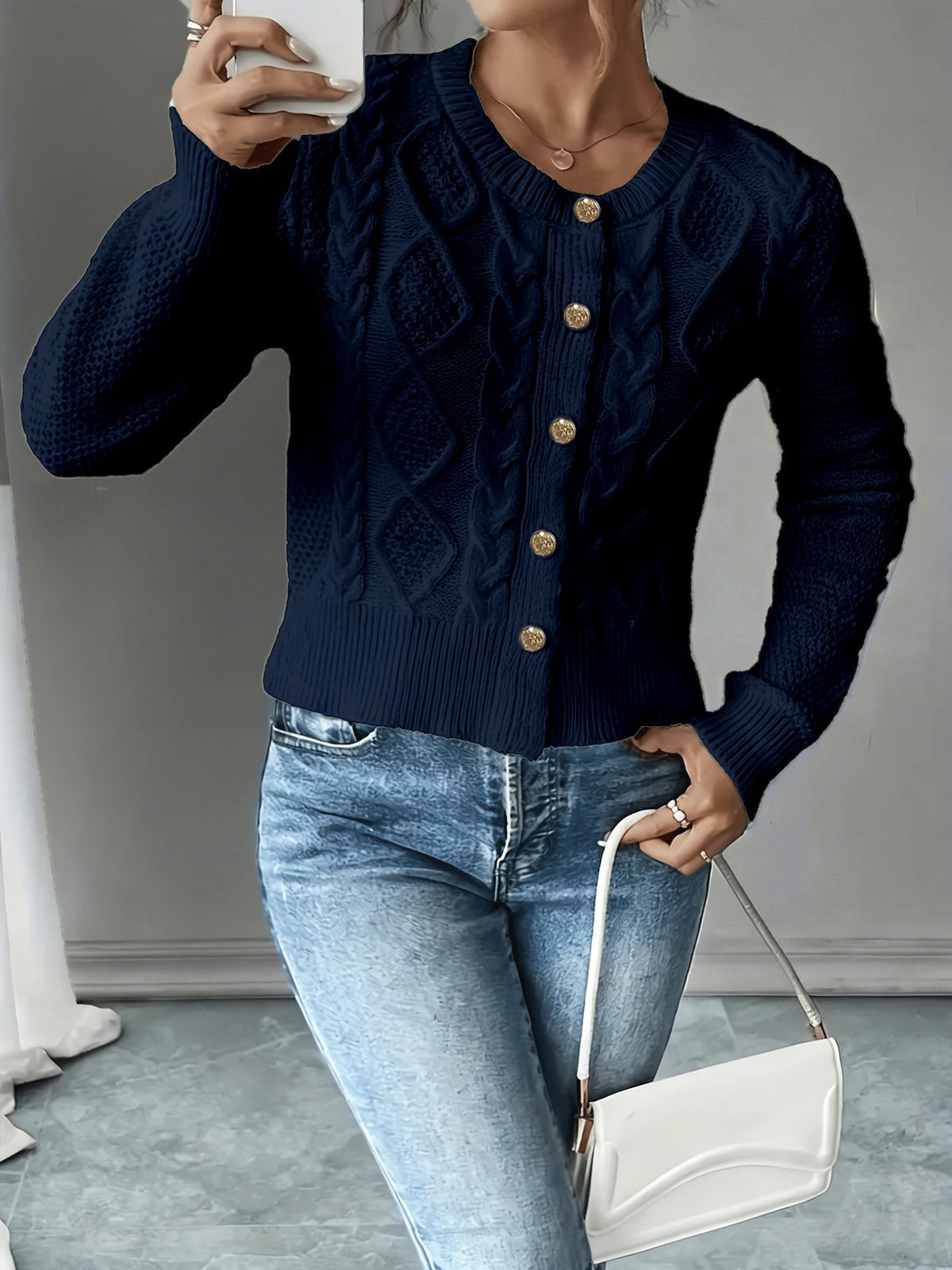 Leora cable knit crew neck cardigan with gold-tone buttons - view 29