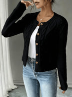 Leora cable knit crew neck cardigan with gold-tone buttons - view 3