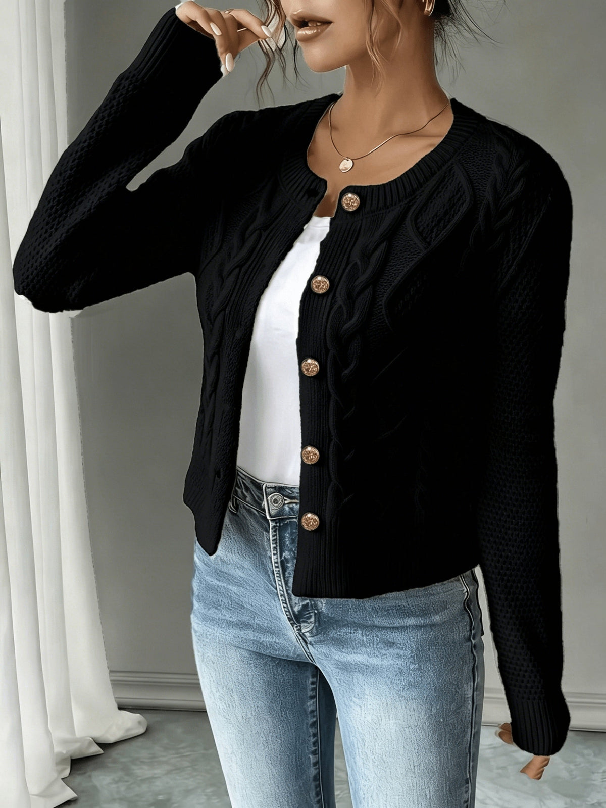 Leora cable knit crew neck cardigan with gold-tone buttons - view 3