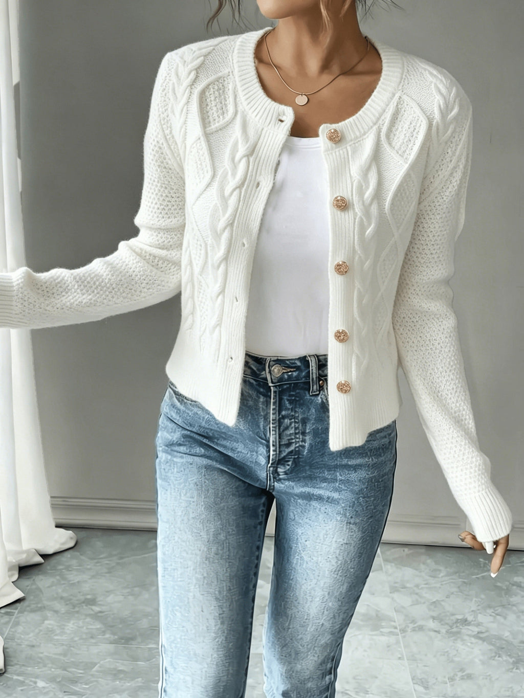 Leora cable knit crew neck cardigan with gold-tone buttons - view 31