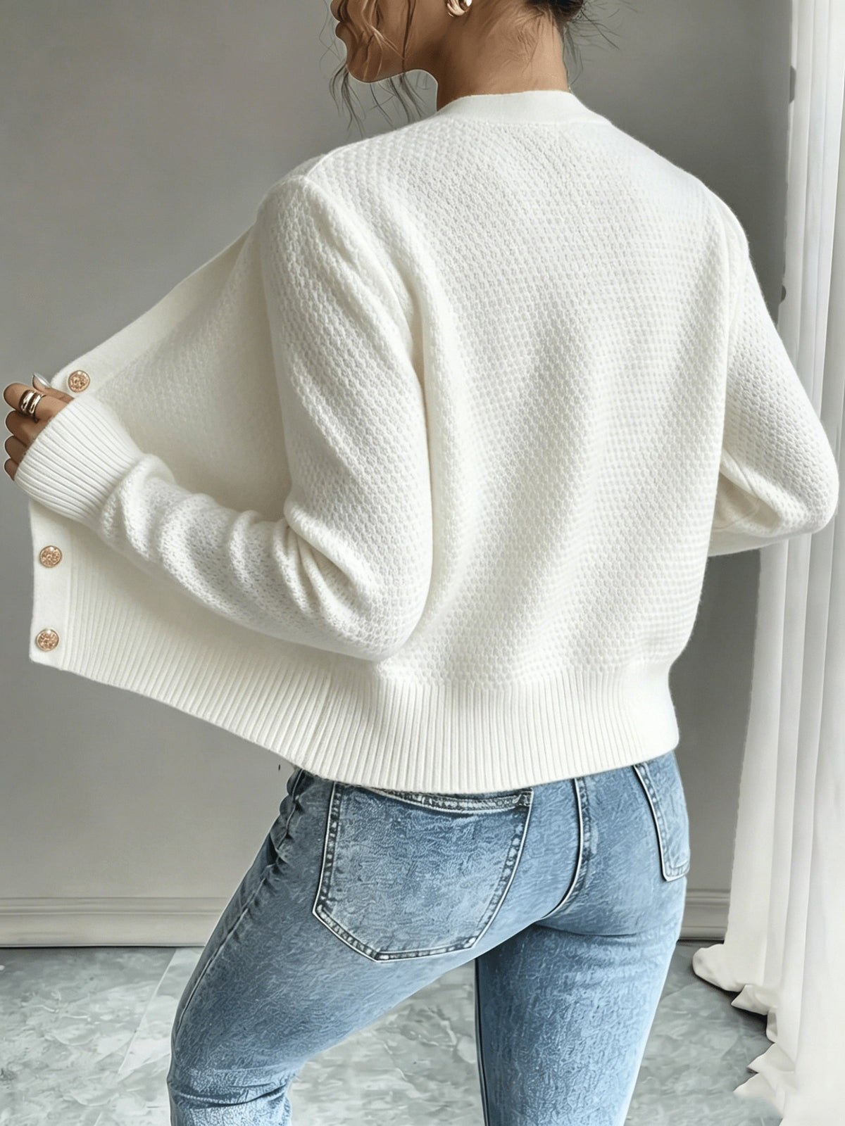Leora cable knit crew neck cardigan with gold-tone buttons - view 32