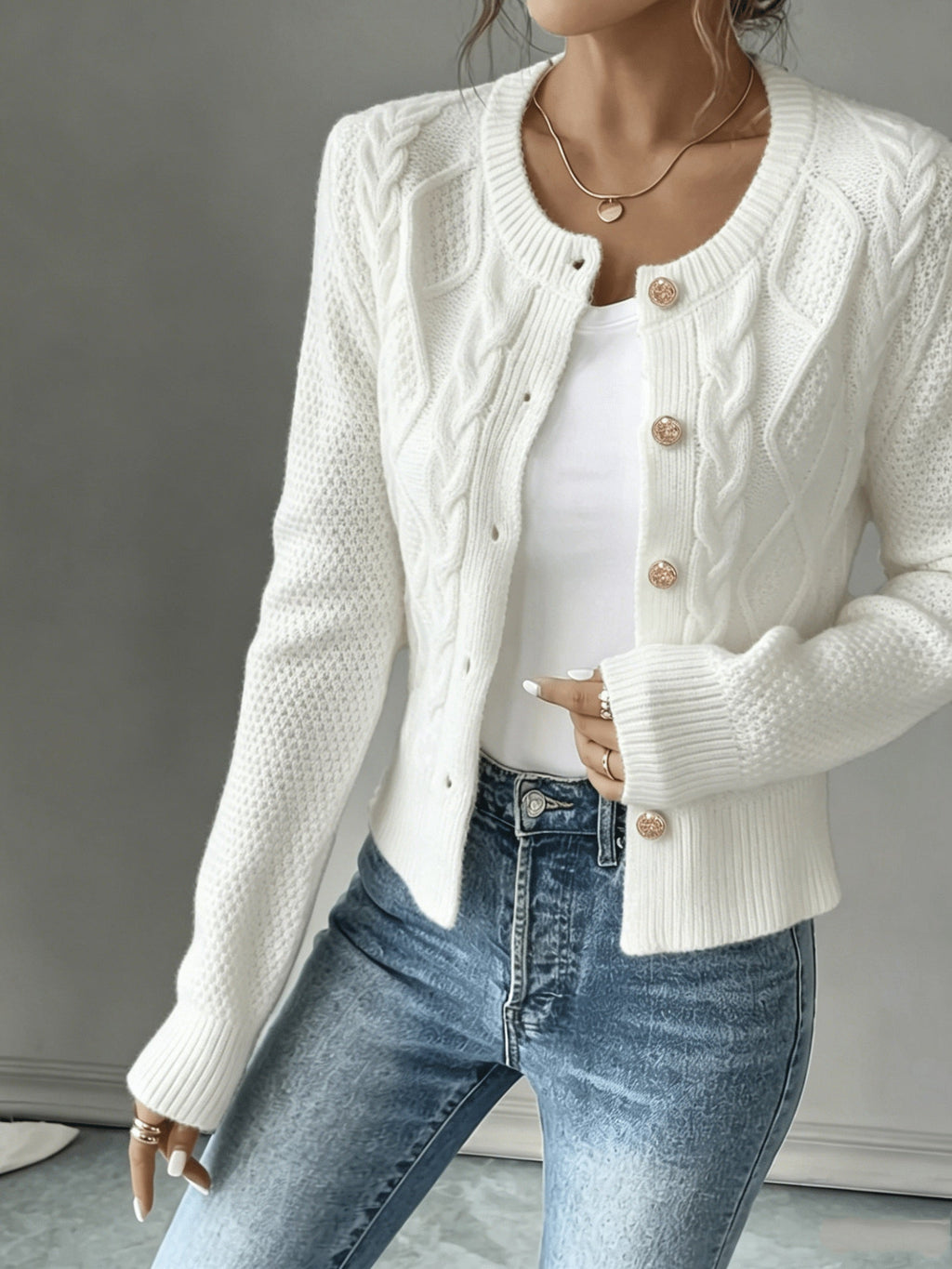 Leora cable knit crew neck cardigan with gold-tone buttons - view 34