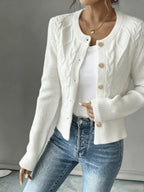 Leora cable knit crew neck cardigan with gold-tone buttons - view 34