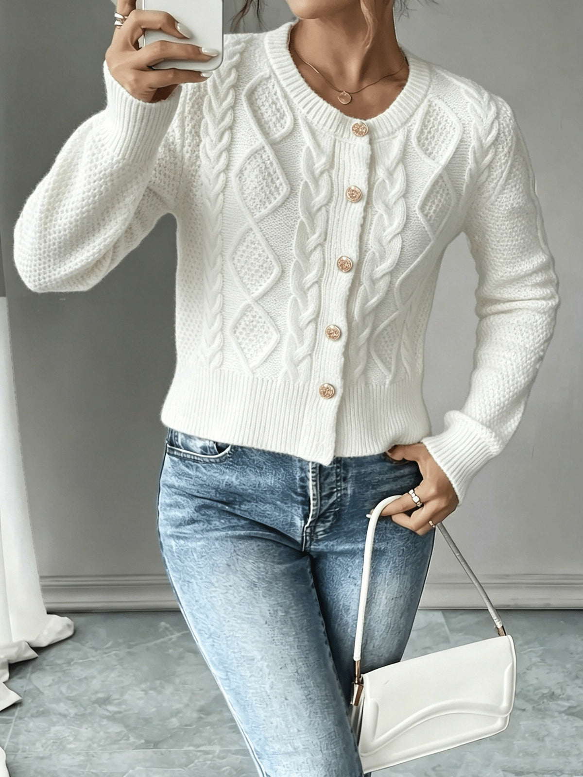 Leora cable knit crew neck cardigan with gold-tone buttons - view 35