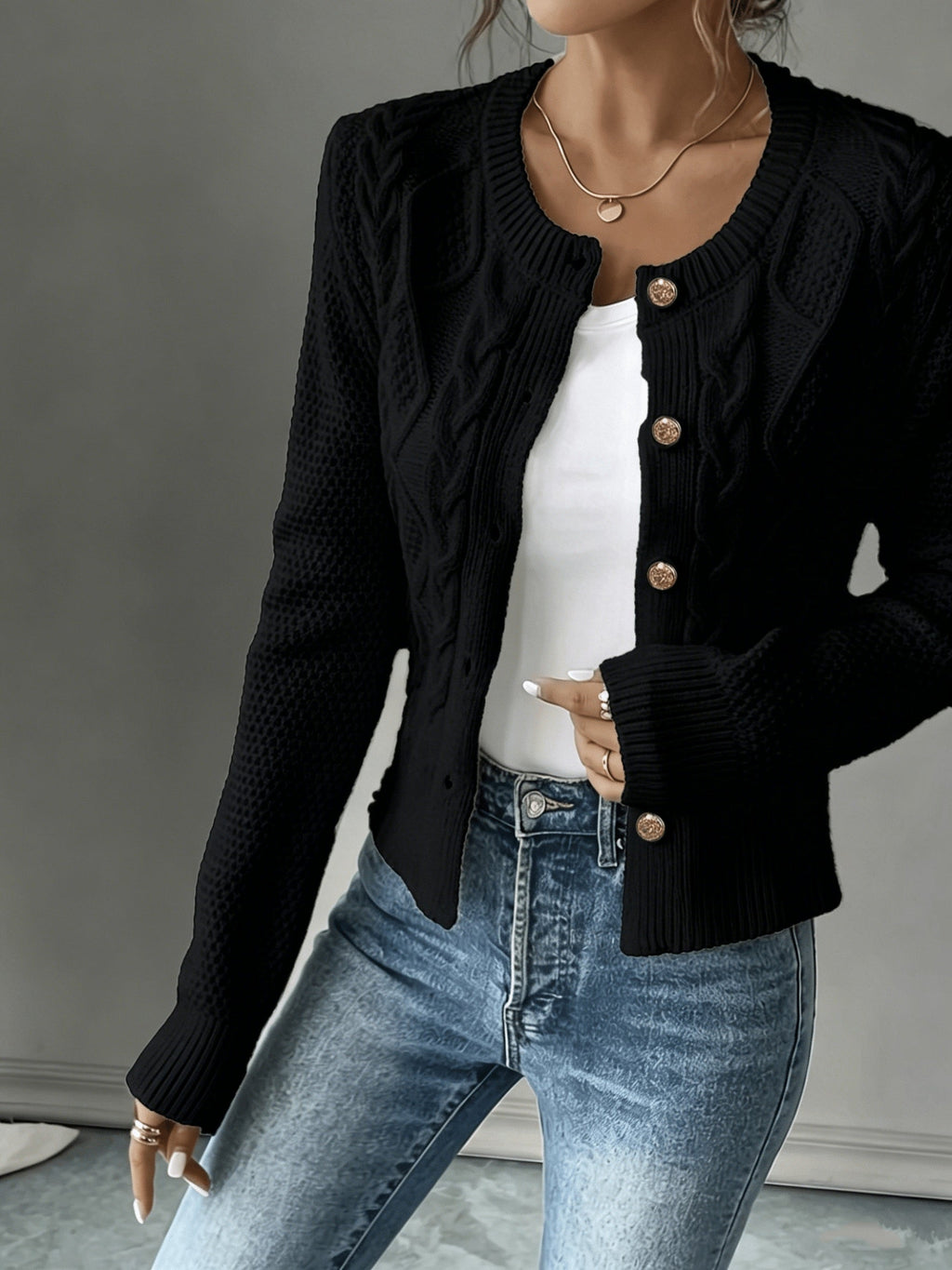 Leora cable knit crew neck cardigan with gold-tone buttons - view 4