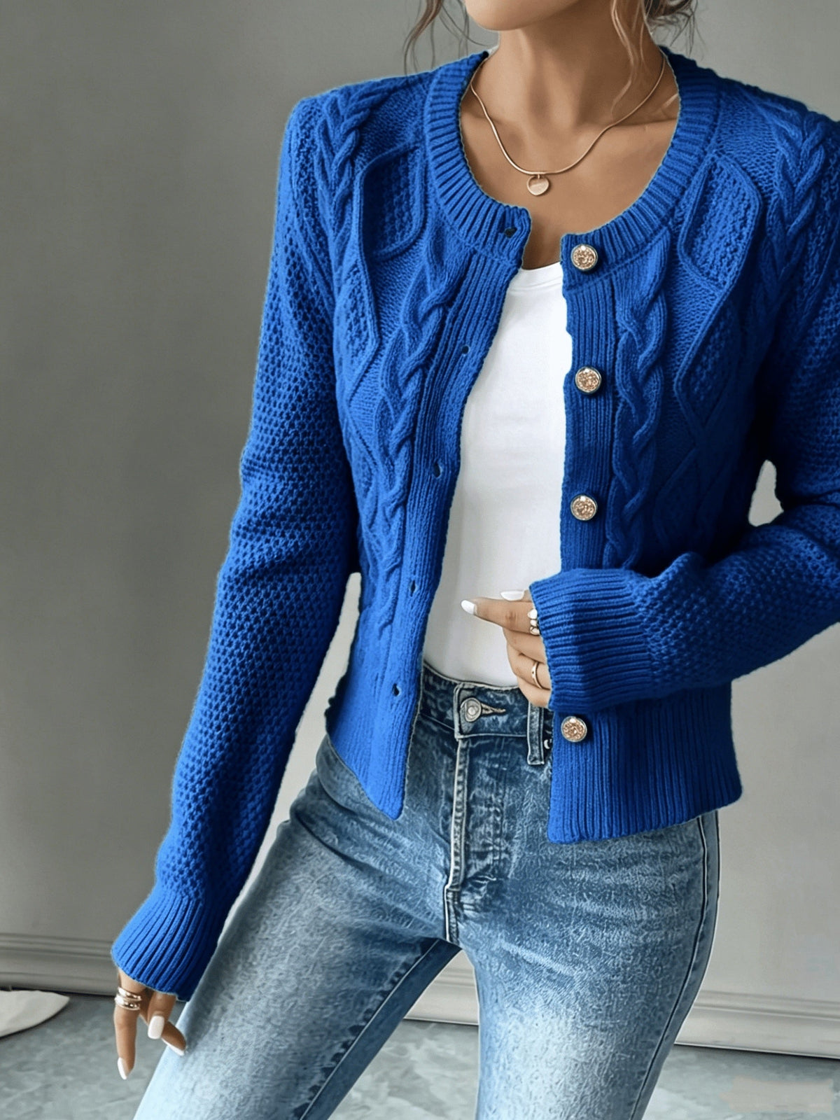 Leora cable knit crew neck cardigan with gold-tone buttons - view 40
