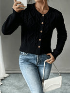 Leora cable knit crew neck cardigan with gold-tone buttons - view 5