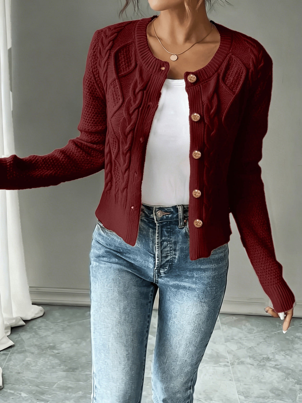 Leora cable knit crew neck cardigan with gold-tone buttons - view 7