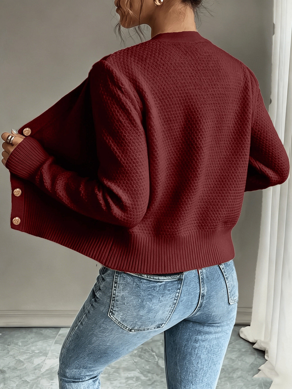 Leora cable knit crew neck cardigan with gold-tone buttons - view 8