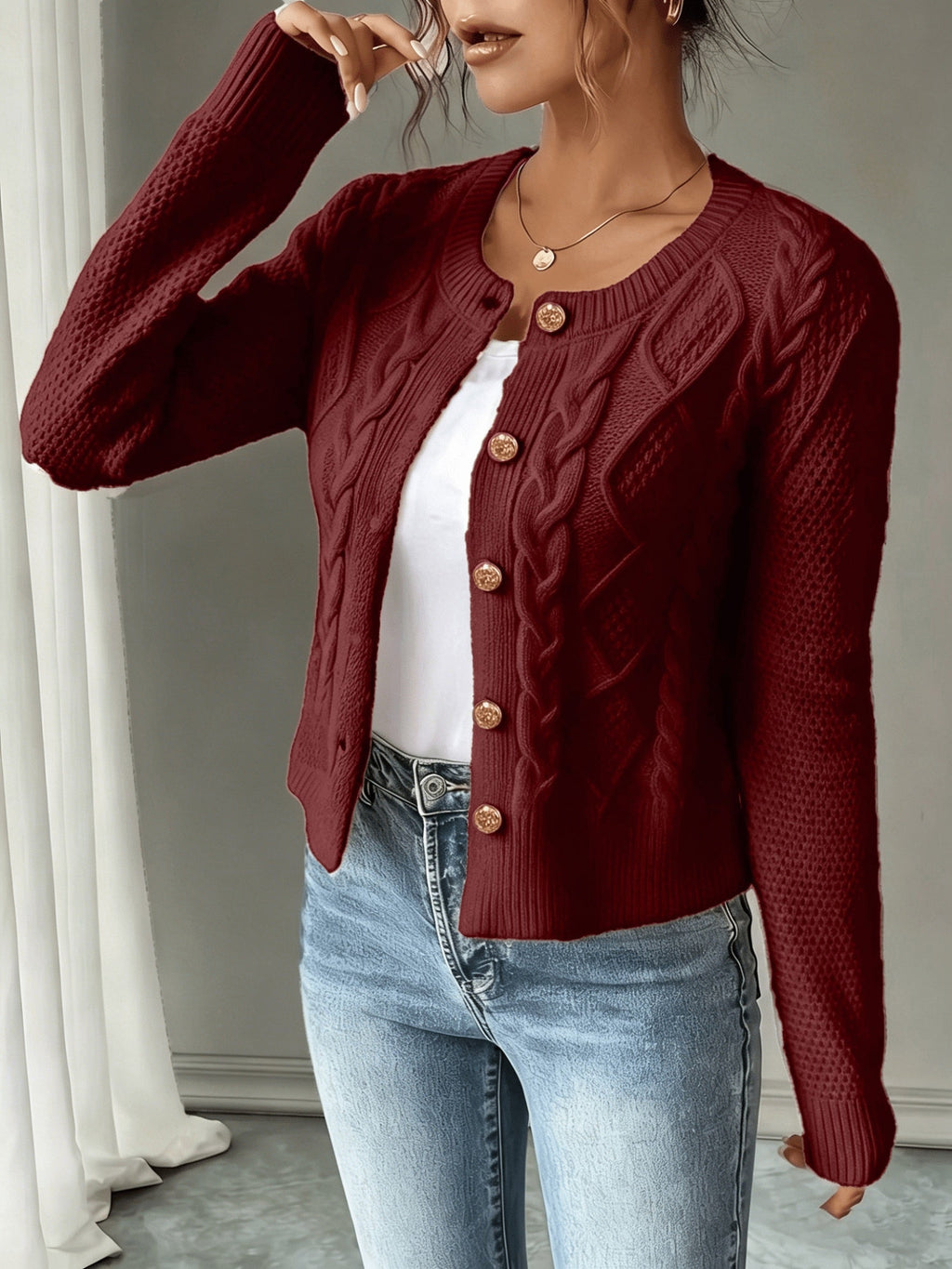 Leora cable knit crew neck cardigan with gold-tone buttons - view 9