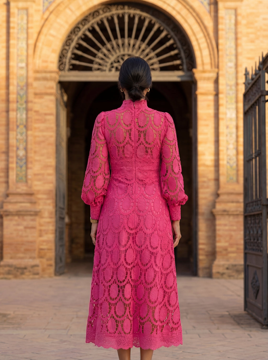 Long sleeve lace A-line midi dress with high neck and balloon sleeves - view 2