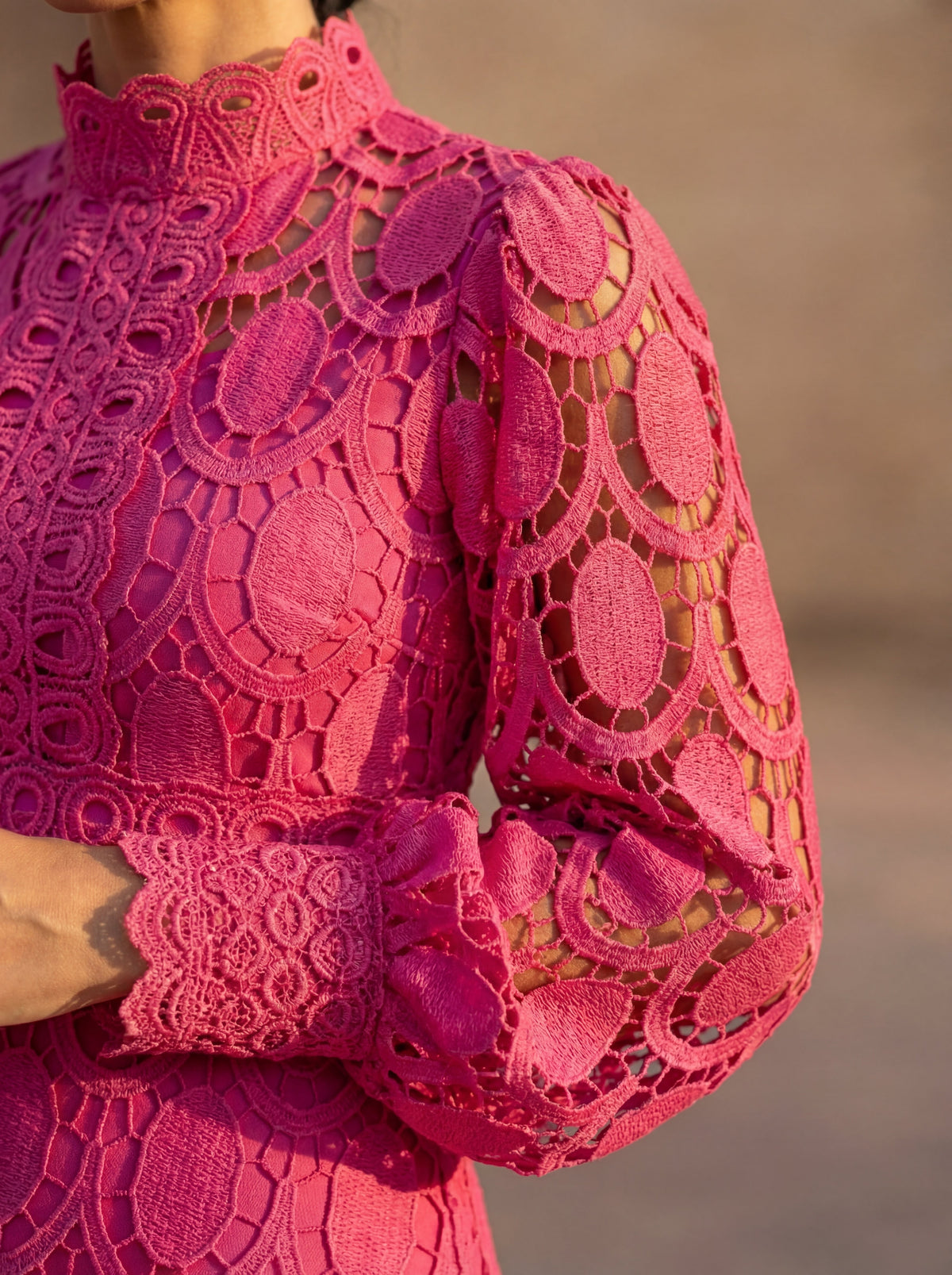 Long sleeve lace A-line midi dress with high neck and balloon sleeves - view 3