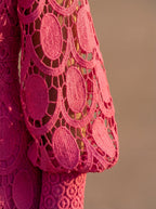 Long sleeve lace A-line midi dress with high neck and balloon sleeves - view 4