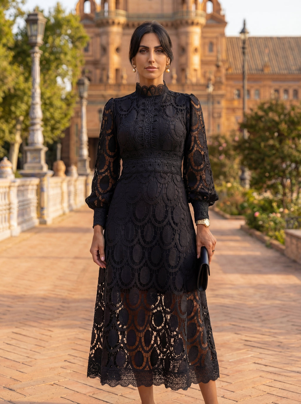 Long sleeve lace A-line midi dress with high neck and balloon sleeves - view 5