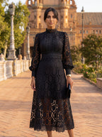 Long sleeve lace A-line midi dress with high neck and balloon sleeves - view 5