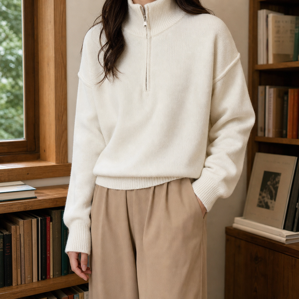 Women's relaxed mock neck half zip knit sweater with ribbed cuffs and hem