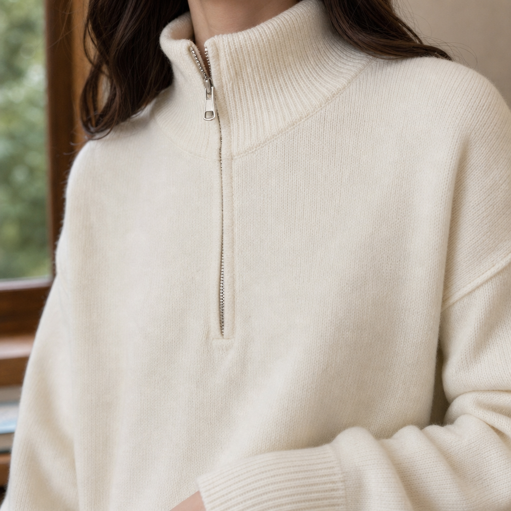 Women's relaxed mock neck half zip knit sweater with ribbed cuffs and hem - view 2