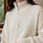 Women's relaxed mock neck half zip knit sweater with ribbed cuffs and hem - view 2