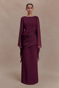 Burgundy evening maxi dress with sheer chiffon cape sleeves and draped waist, formal long sleeve dress