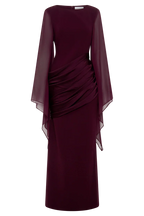 Burgundy evening maxi dress with sheer chiffon cape sleeves and draped waist, formal long sleeve dress - view 10