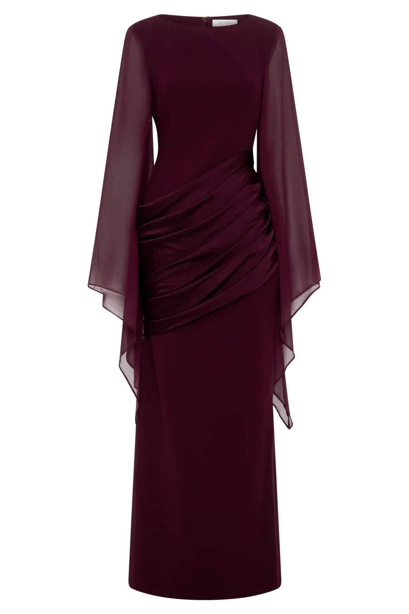 Burgundy evening maxi dress with sheer chiffon cape sleeves and draped waist, formal long sleeve dress - view 10