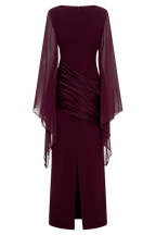 Burgundy evening maxi dress with sheer chiffon cape sleeves and draped waist, formal long sleeve dress - view 11