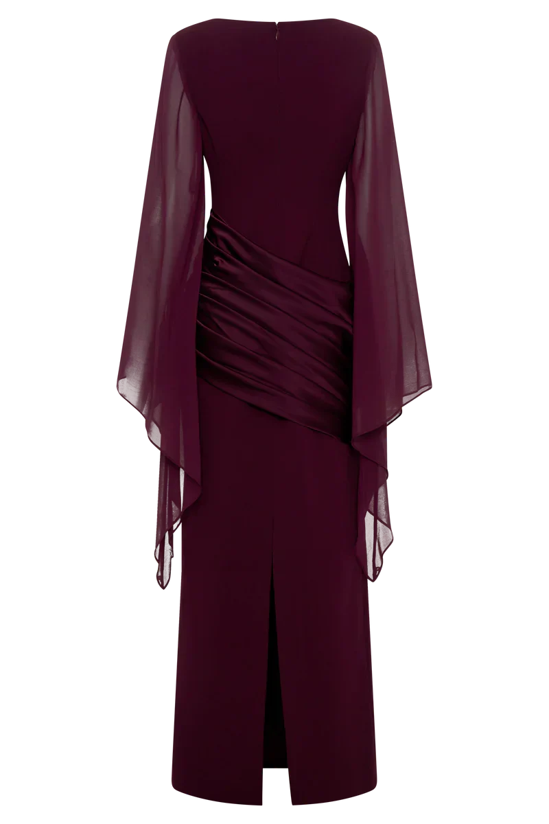 Burgundy evening maxi dress with sheer chiffon cape sleeves and draped waist, formal long sleeve dress - view 11