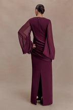 Burgundy evening maxi dress with sheer chiffon cape sleeves and draped waist, formal long sleeve dress - view 2