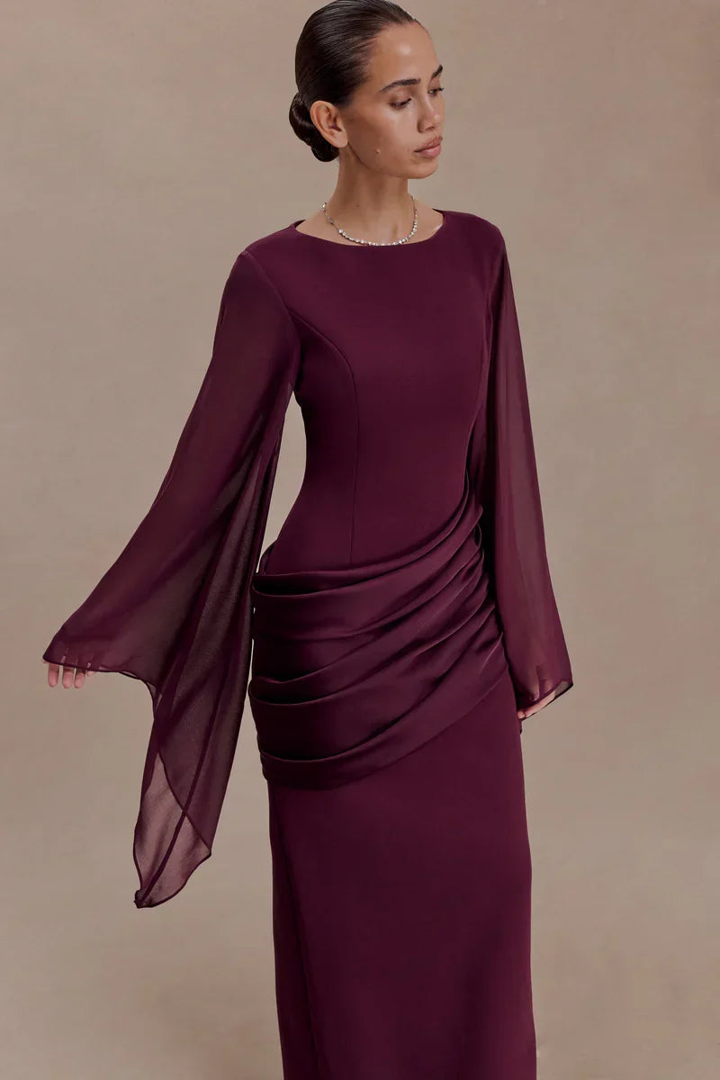 Burgundy evening maxi dress with sheer chiffon cape sleeves and draped waist, formal long sleeve dress - view 3
