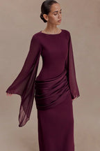 Burgundy evening maxi dress with sheer chiffon cape sleeves and draped waist, formal long sleeve dress - view 3