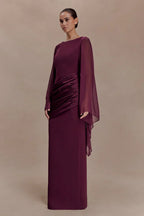 Burgundy evening maxi dress with sheer chiffon cape sleeves and draped waist, formal long sleeve dress - view 4