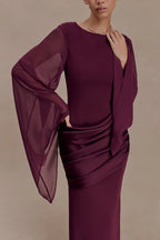 Burgundy evening maxi dress with sheer chiffon cape sleeves and draped waist, formal long sleeve dress - view 5