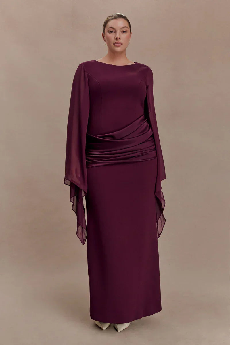 Burgundy evening maxi dress with sheer chiffon cape sleeves and draped waist, formal long sleeve dress - view 6