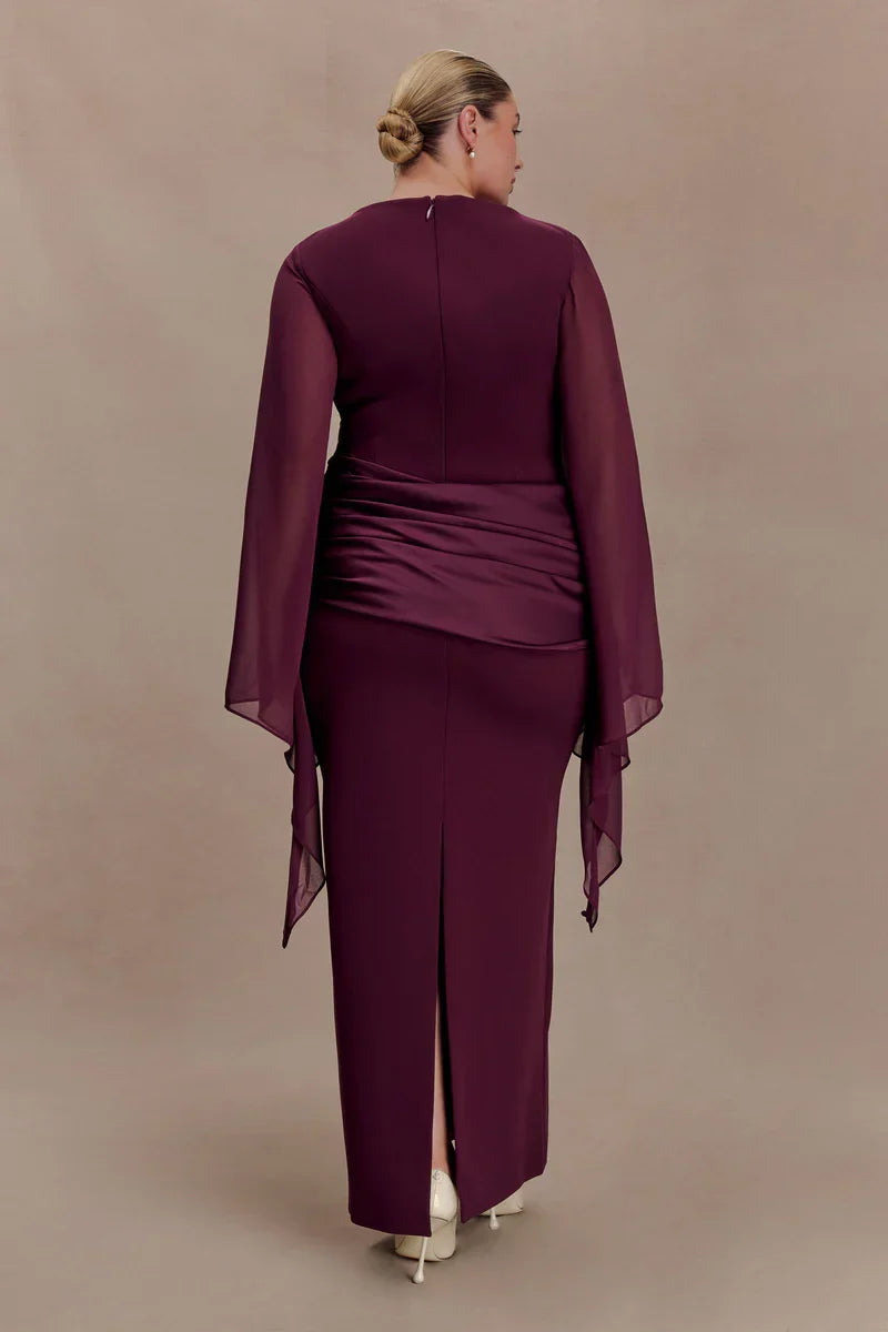 Burgundy evening maxi dress with sheer chiffon cape sleeves and draped waist, formal long sleeve dress - view 7
