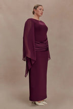 Burgundy evening maxi dress with sheer chiffon cape sleeves and draped waist, formal long sleeve dress - view 8