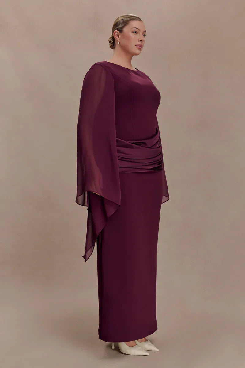 Burgundy evening maxi dress with sheer chiffon cape sleeves and draped waist, formal long sleeve dress - view 8
