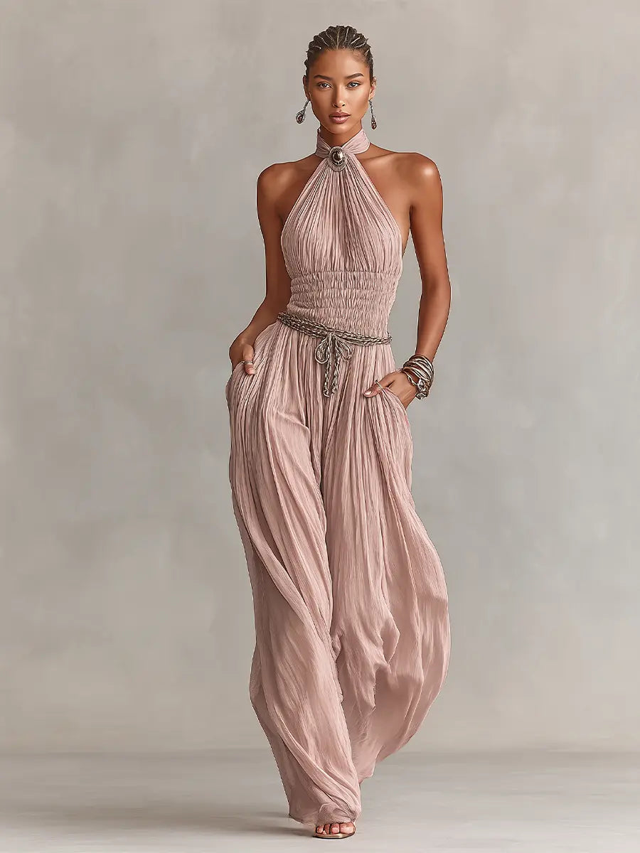 Rosa | Women's Blush Pleated Jumpsuit With Halter Neck & Ruched Waist oaklynwear