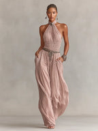 Rosa | Women's Blush Pleated Jumpsuit With Halter Neck & Ruched Waist oaklynwear