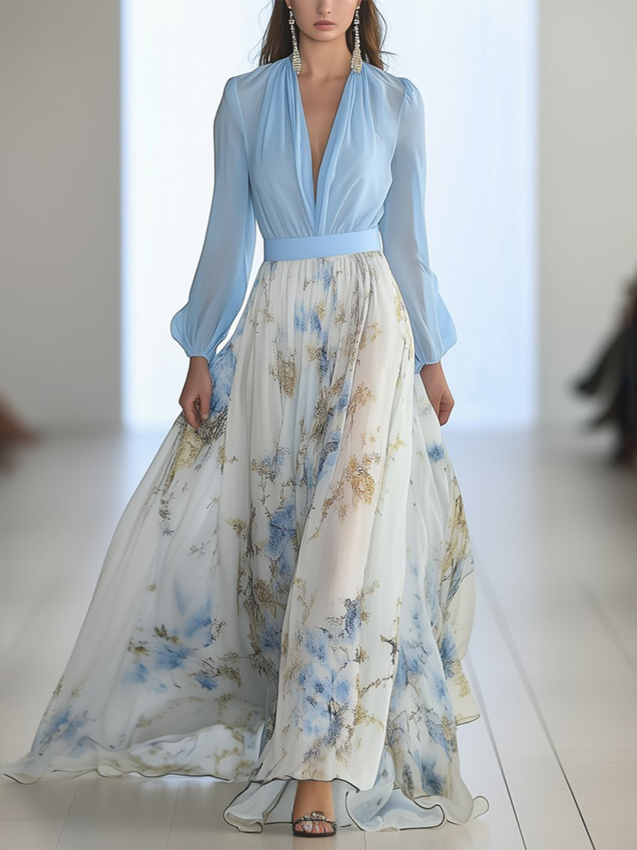 Light blue long sleeve V-neck maxi dress with white and blue floral print skirt