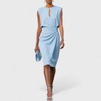 Sleeveless keyhole formal midi dress with ruched side waist and wrap-effect skirt