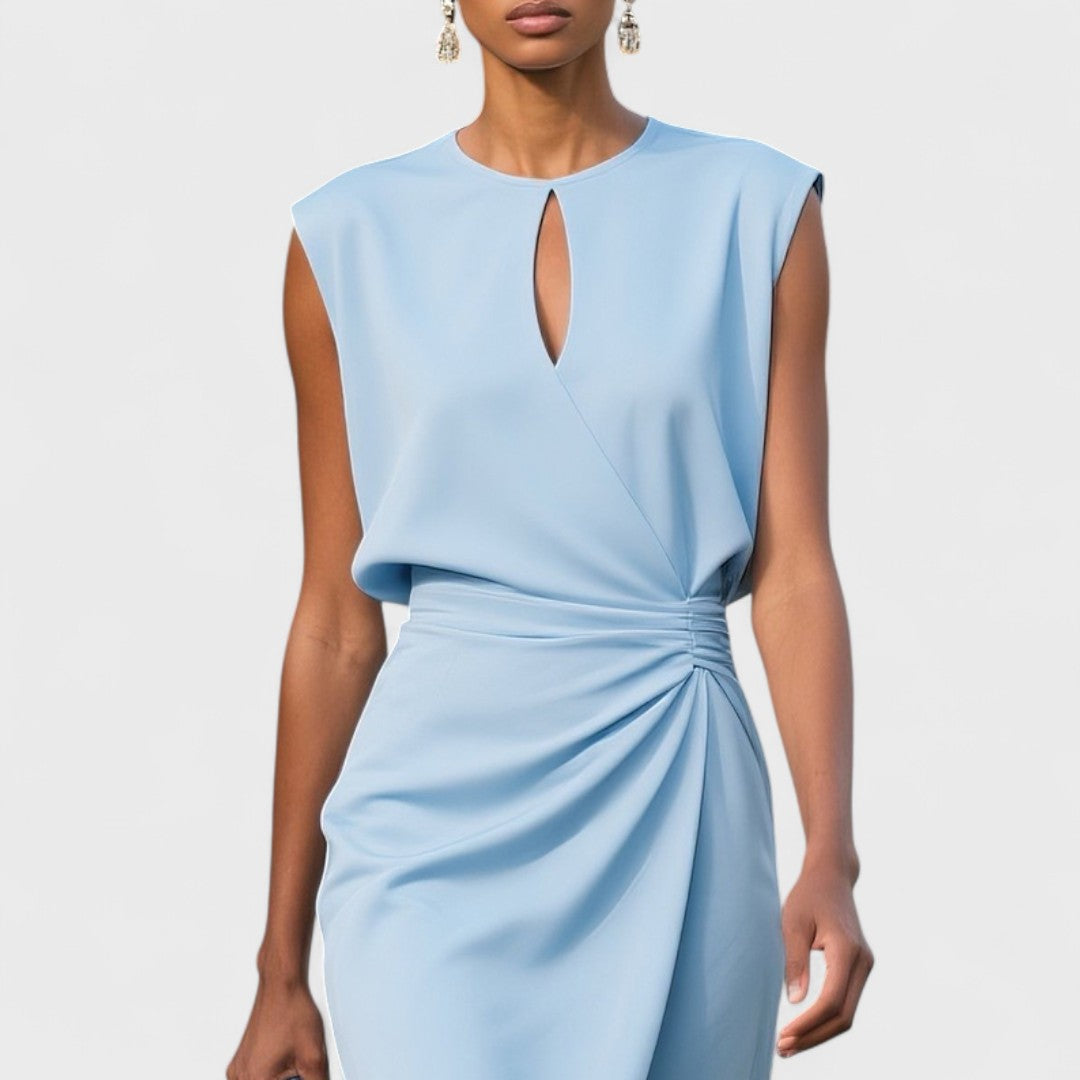 Sleeveless keyhole formal midi dress with ruched side waist and wrap-effect skirt - view 7